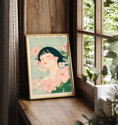 Framed bathroom print of woman resting among blossoms in a tiled bath