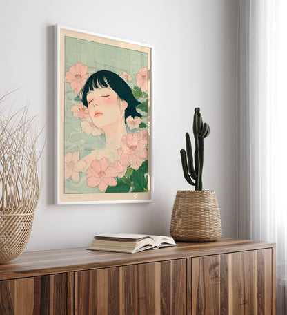 High-quality framed bathroom wall art with floral design and gentle mood