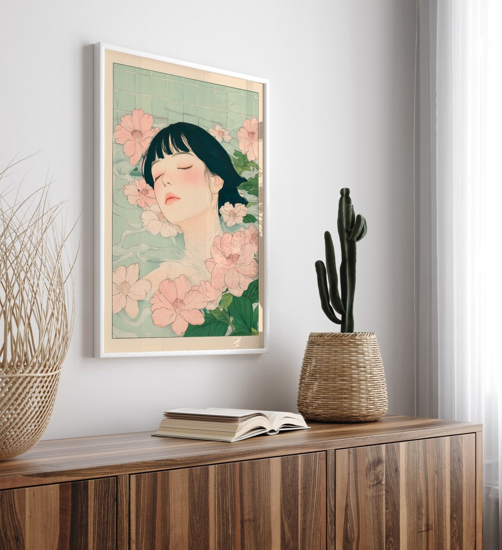 High-quality framed bathroom wall art with floral design and gentle mood
