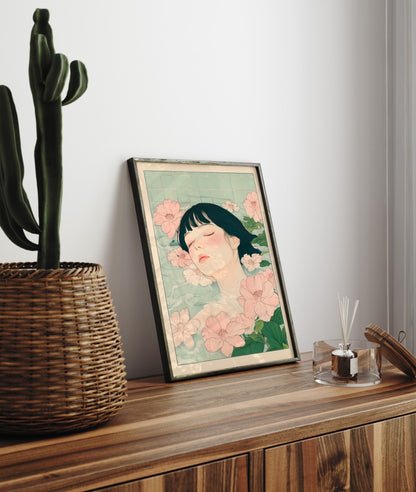 Framed bathroom decor featuring a woman floating in pastel Japanese-style flowers