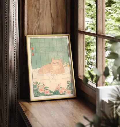 Framed bathroom print featuring a tabby cat soaking in a floral Japanese tub