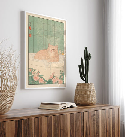 High-quality framed cat bathroom wall art with soft colors and botanical elements