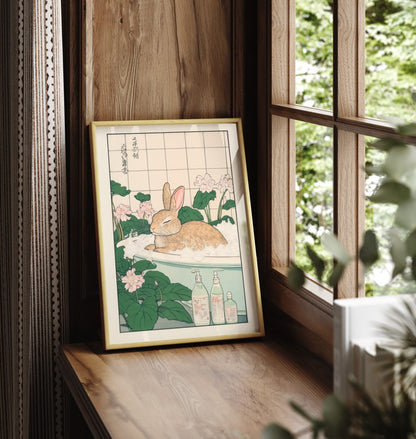 Framed bathroom print of a bunny soaking in a tub with botanical background
