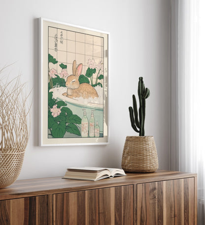 High-quality framed bunny bathroom wall art with soft bubbles and flowers