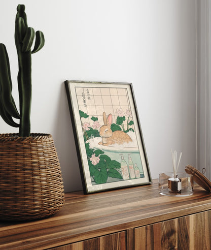 Framed bathroom decor showing a peaceful bunny in a Japanese floral bath