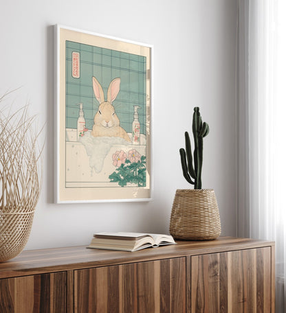 High-quality framed bunny bathroom wall art with floral accents and soft bubbles