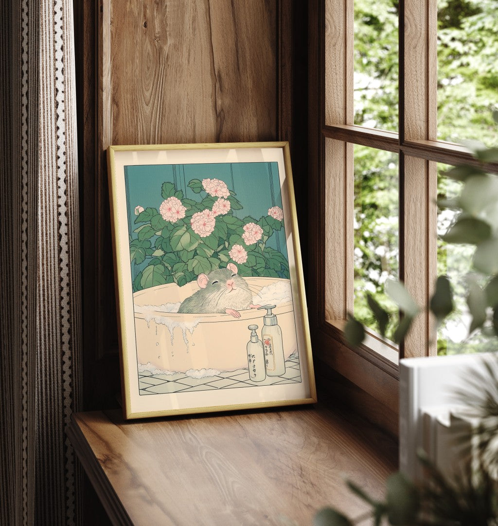 Framed bathroom print of a rat in a soft floral tub with vintage soap bottles