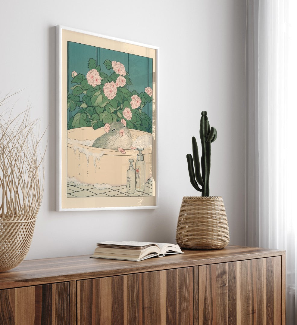 High-quality framed rat bathroom wall art with cozy bubbles and garden blooms