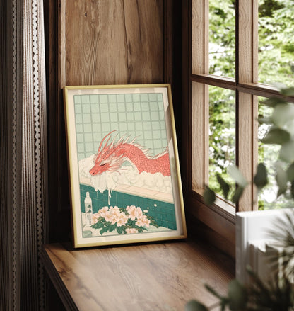Framed bathroom print of a dragon soaking in a tiled tub with blossoms nearby