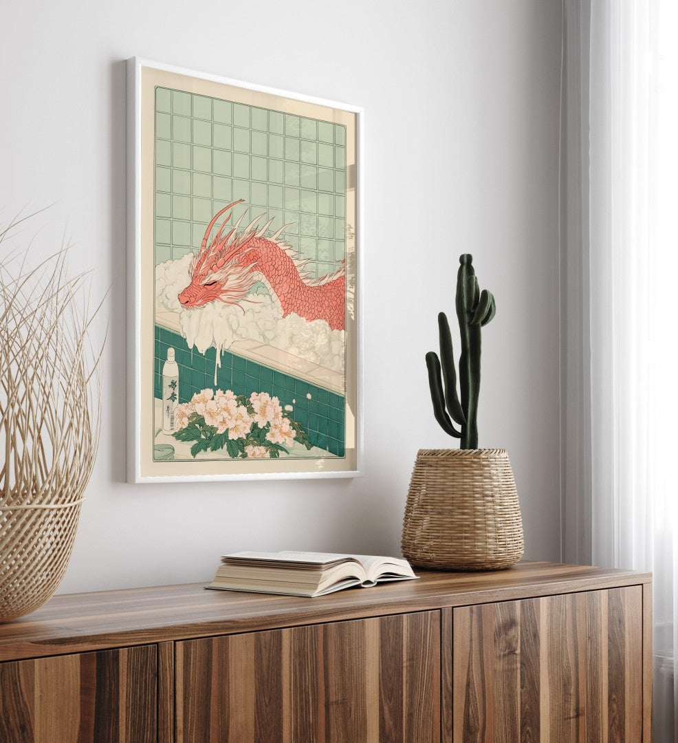 High-quality framed red dragon bathroom wall art with bubbles and Japanese floral style