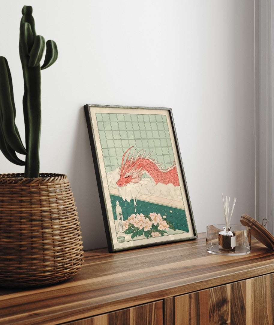 Framed bathroom decor showing a relaxed dragon resting in a warm floral bath