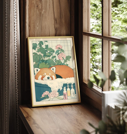 Framed bathroom print of a relaxed red panda in a floral Japanese-style tub
