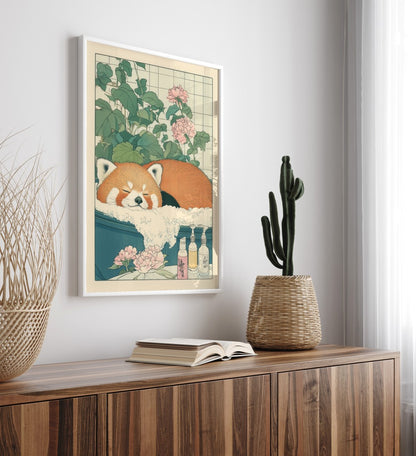 High-quality framed red panda bathroom wall art with pink blossoms and soft details
