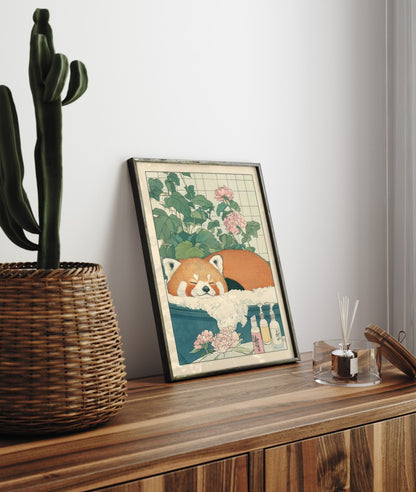 Framed bathroom decor showing a red panda resting peacefully in a warm bath