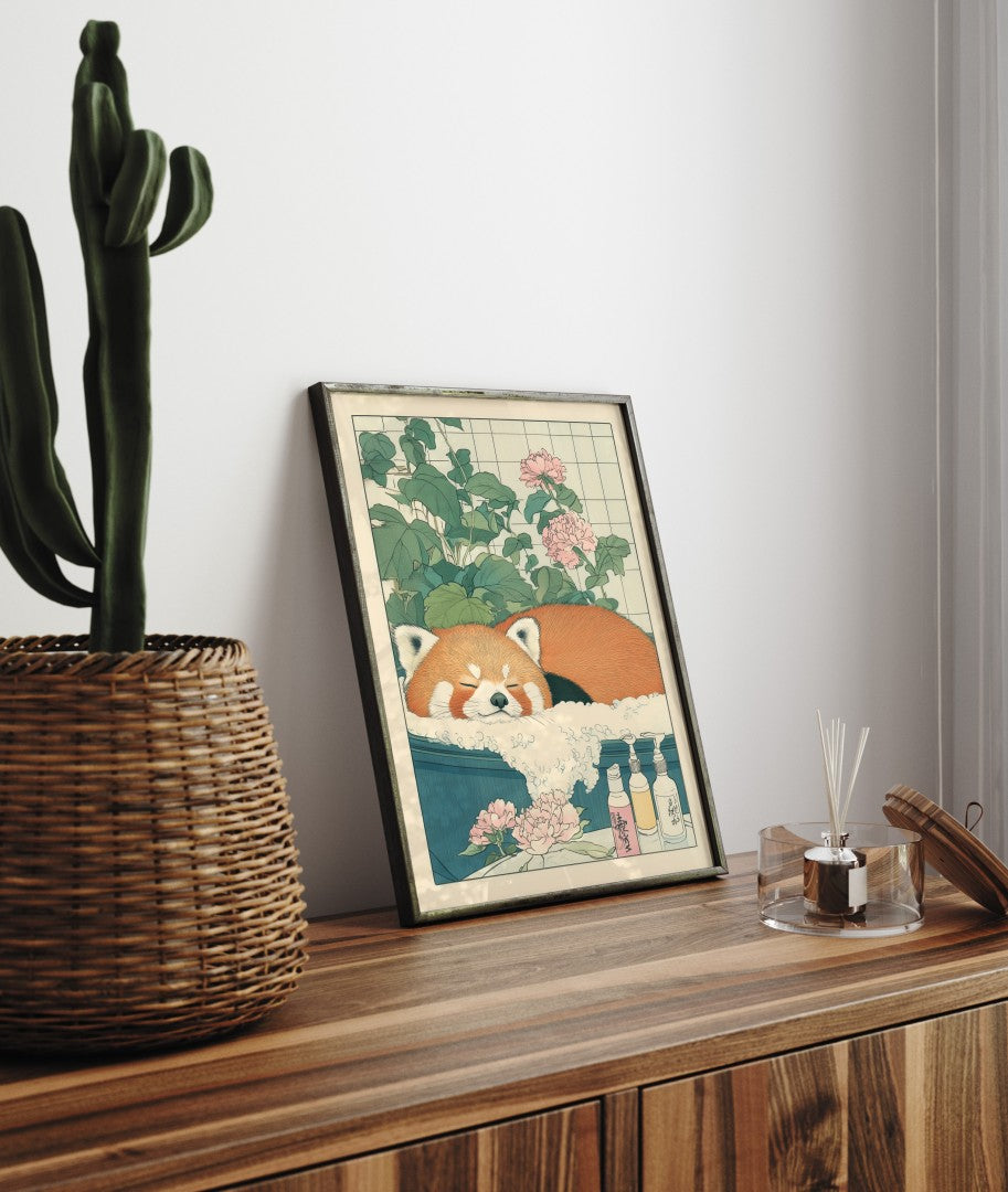 Framed bathroom decor showing a red panda resting peacefully in a warm bath