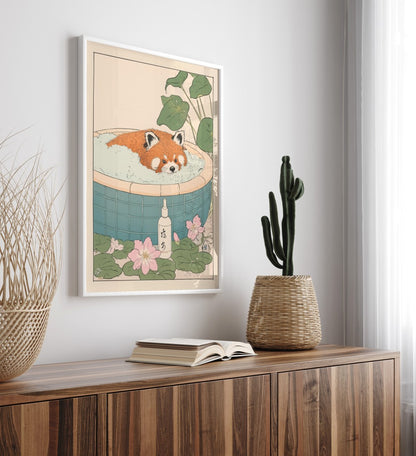 High-quality framed red panda bathroom wall art with gentle botanical details