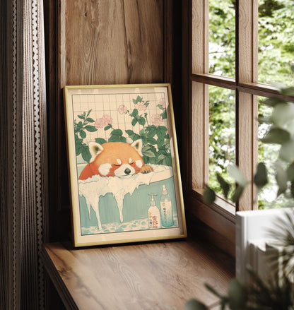 Framed bathroom print of red panda leaning over edge of tub with soft pink blooms