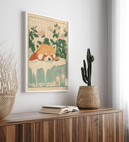 High-quality framed red panda bathroom wall art with bubbles and Japanese tiles