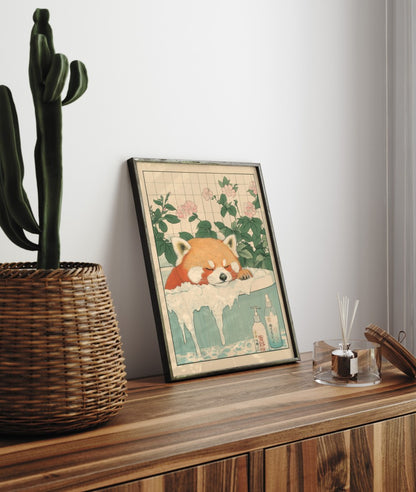 Framed bathroom decor showing a red panda soaking in a peaceful floral bath