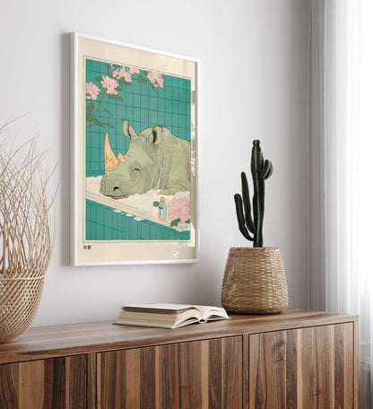 High-quality framed rhino bathroom wall art with soft foam and floral detail
