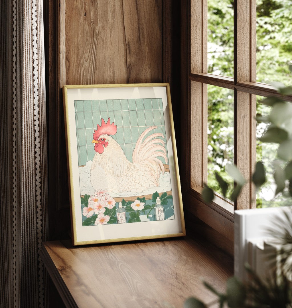 Framed rooster bathroom print featuring a bold rooster in a soft flower bath