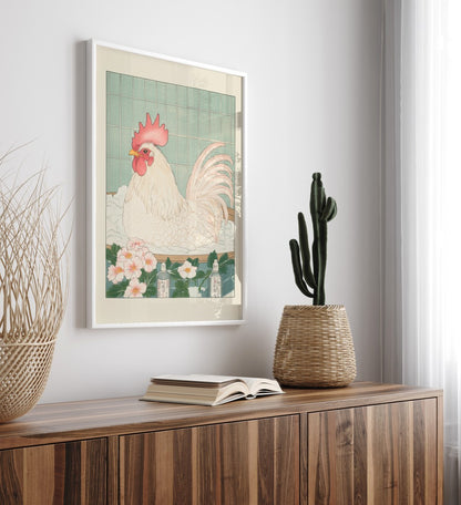 High-quality framed rooster bathroom wall art with floral and botanical accents