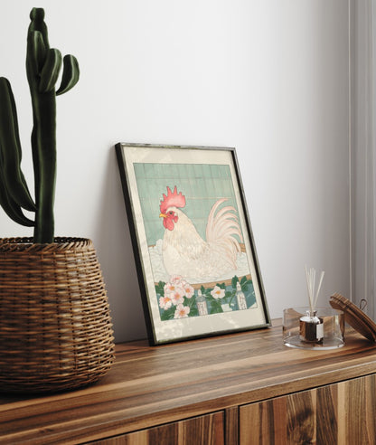 Framed bathroom decor showing a rooster in a peaceful Japanese-style soak