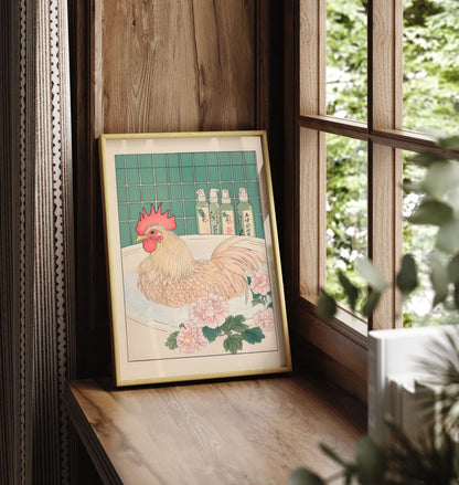 Framed bathroom print of a rooster in a rustic-style Japanese flower bath