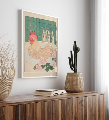 High-quality framed rooster bathroom wall art with botanical charm