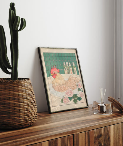 Framed bathroom decor featuring a peaceful rooster in a floral Japanese soak