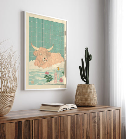 High-quality framed highland cow bathroom wall art with soft botanical touches