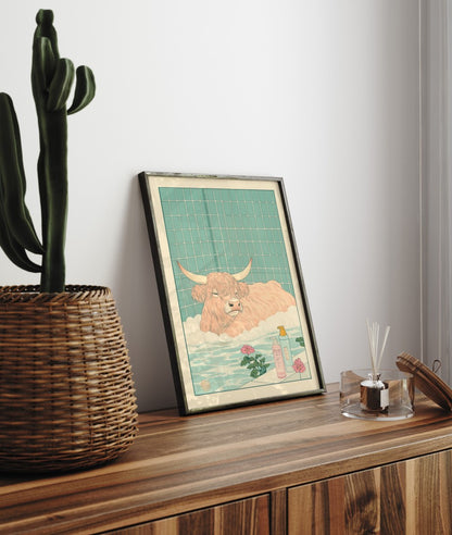 Framed bathroom decor showing a fluffy cow resting in a Japanese-inspired bath