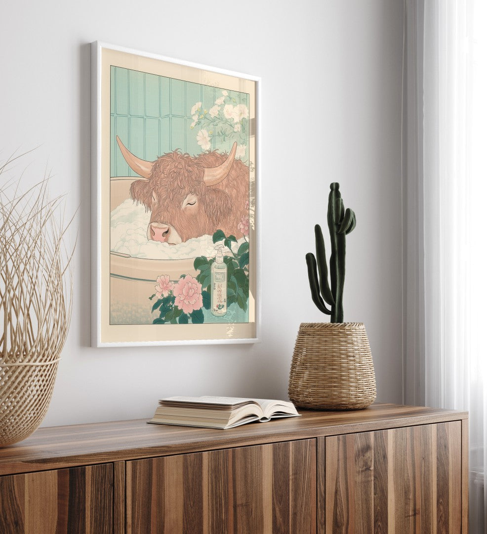 High-quality framed highland cow bathroom wall art with flowers and soft color