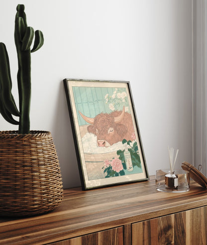 Framed bathroom decor showing a fluffy cow in a bubble bath with Japanese styling