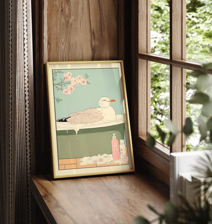 Framed bathroom wall art of a seagull in a peaceful Japanese-style floral soak