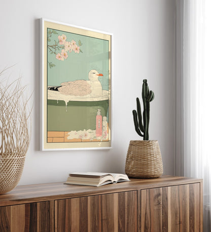 High-quality framed seagull bathroom print with pastel botanicals and soft flowers