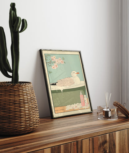 Framed bathroom decor featuring a seagull in a tranquil floral bath setting