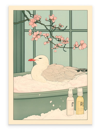 Seagull resting in a floral Japanese bath with steam and coastal foliage