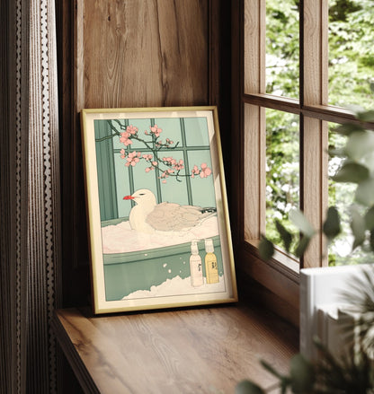 Framed bathroom wall art featuring a seagull in a minimalist floral soak