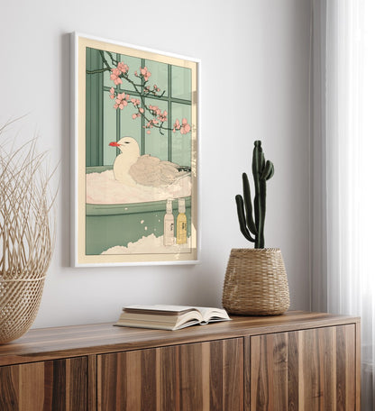 High-quality framed seagull bathroom print with ocean greens and pastel blooms