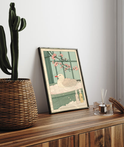 Framed bathroom decor with a calm seagull in a Japanese-style spa bath