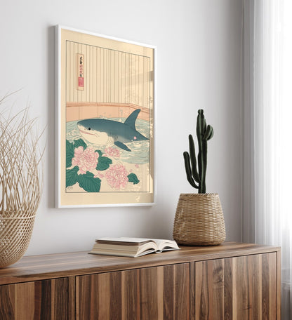 High-quality framed bathroom wall art featuring a shark in a tiled Japanese tub
