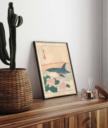 Framed shark bathroom decor with floral detail and calming soft tones