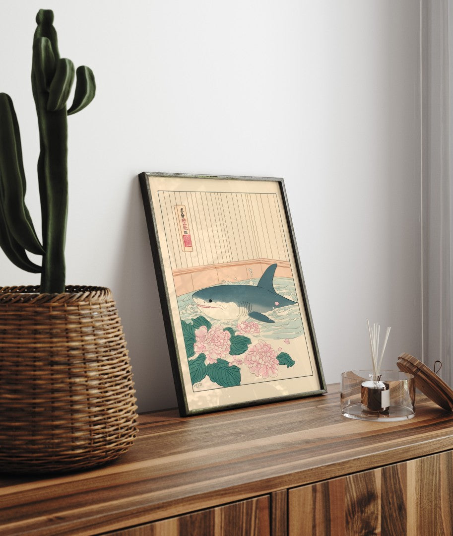 Framed shark bathroom decor with floral detail and calming soft tones