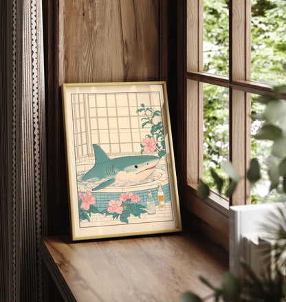 Playful shark soaking in a tiled bath surrounded by floral decor