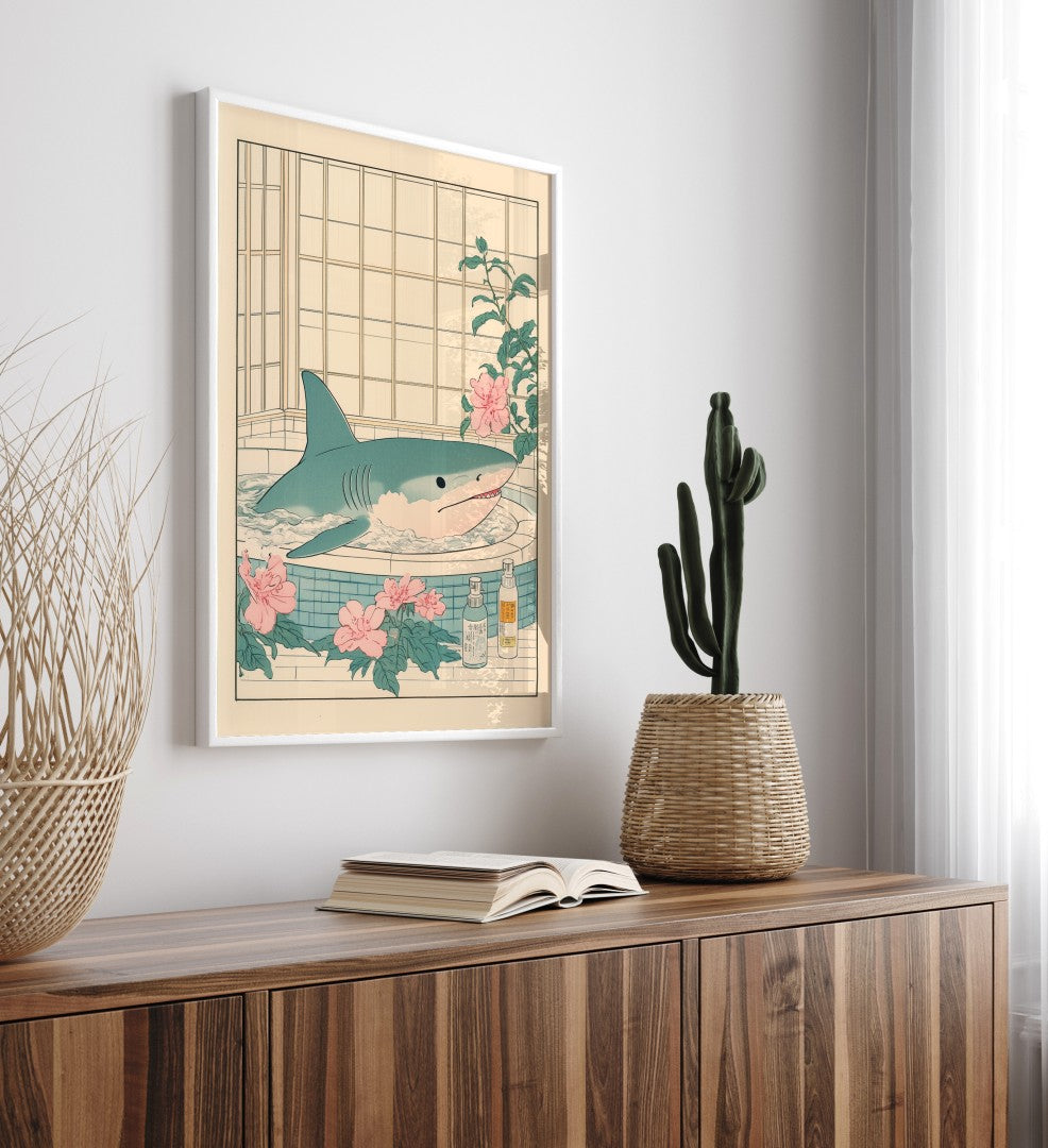 Illustrated bathroom art featuring a shark in a serene spa setting