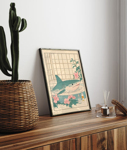 Decorative wall art with shark in bath and delicate hibiscus blooms