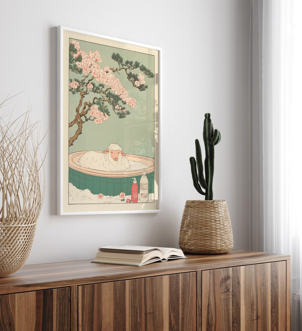 Japanese-style bathroom wall art featuring a sheep and springtime blooms