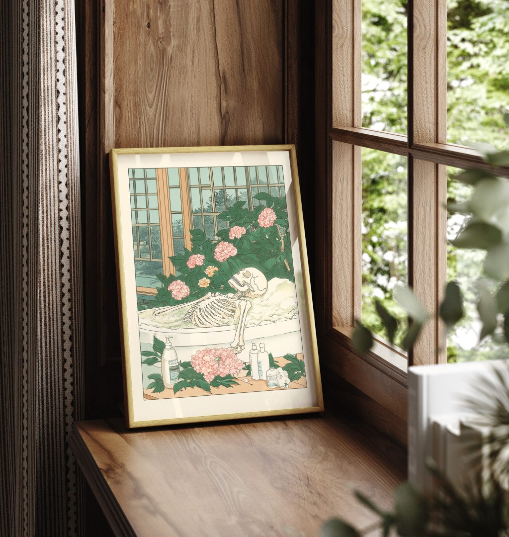 Japanese-style skeleton in a bath, surrounded by flowers and bottles