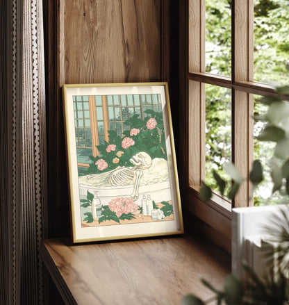 Japanese-style skeleton in a bath, surrounded by flowers and bottles